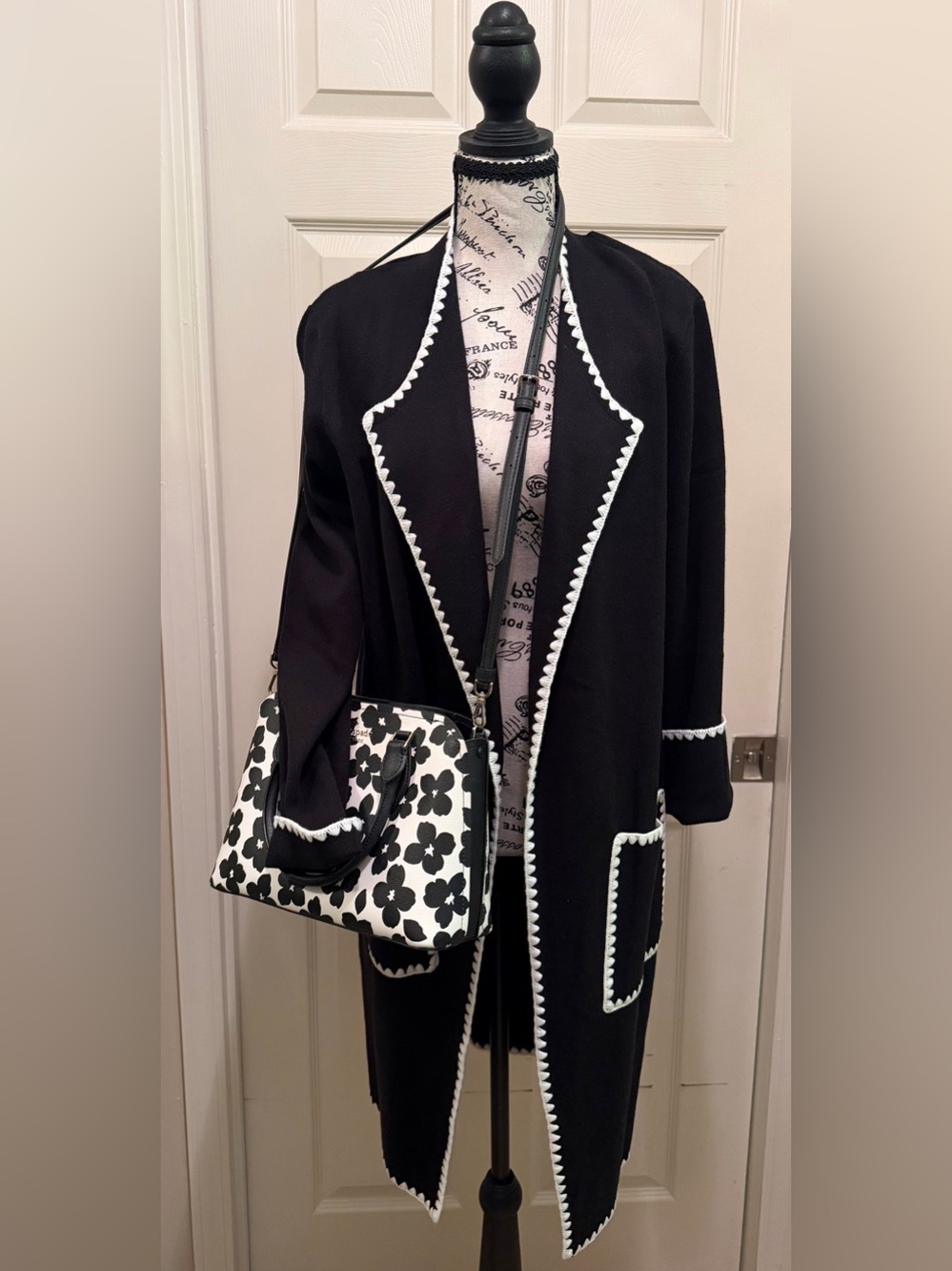 Black Open-Front Cardigan Sweater with White Trim - Picture 4 of 4